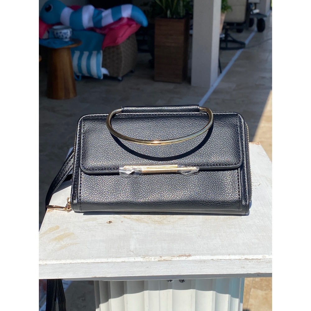 Black Pebbled Faux Leather Crossbody Bag Gold Ring Top Handle Small Purse New